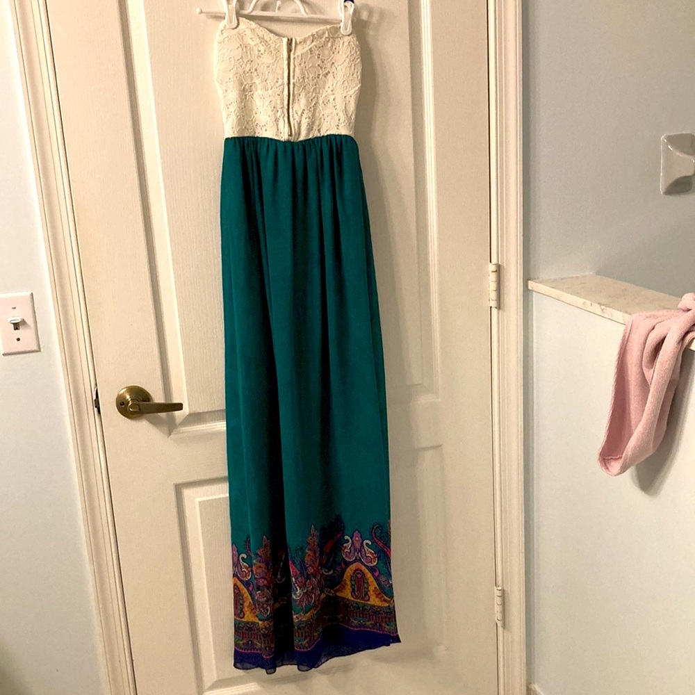 Long dresses strapless white and peacock green